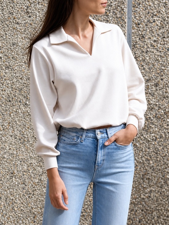 AYR Tops - AYR Soft Cream Polo-Style V-Neck Sweatshirt - Size Small - Pima Cotton